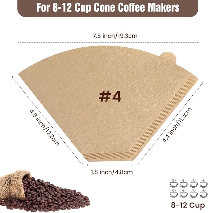 200 Count Cone Coffee Filters #4, Unbleached 04 Coffee Filters 8-12 Cup, Disposable Natural Paper Filters, No.4 Cone Filters for Ninja, Pour Over and Drip Coffee Maker
