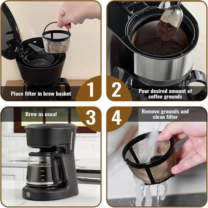 4Pack Coffee Maker Filter Compatible with Mr Coffee 5 Cup,Reusable And Durable Stainless Steel,BPA-Free,Golden Basket