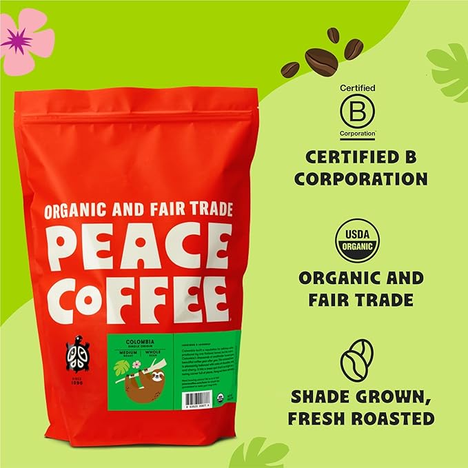 Peace Coffee Colombia Single Origin Coffee | 5 lb Ground Medium Roast | Organic Fair Trade | Smooth, Crisp Flavor | Shade Grown, Fresh Roasted