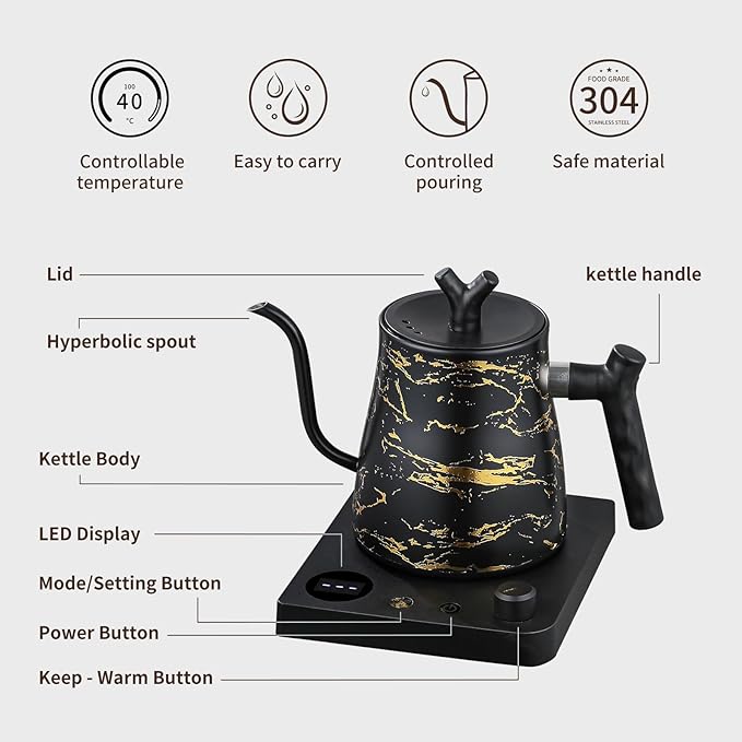 Water Kettle Electric,Gooseneck Electric Kettle with 50pcs Coffee Filter,±1℉ Temperature Control, Fast Heating, Stainless Steel Interior, Ideal for Precise Pour-Over Coffee and Tea