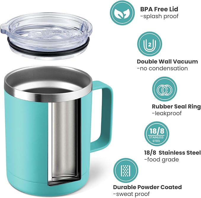 MEWAY 12oz Coffee Mug With Handle 8 Pack Bulk,Stainless Steel Insulated Travel Tumblers With Sliding Lid,Double Wall Vacuum Camping Cup for Hot & Cold Drinks Tea (Light Green,Set of 8)