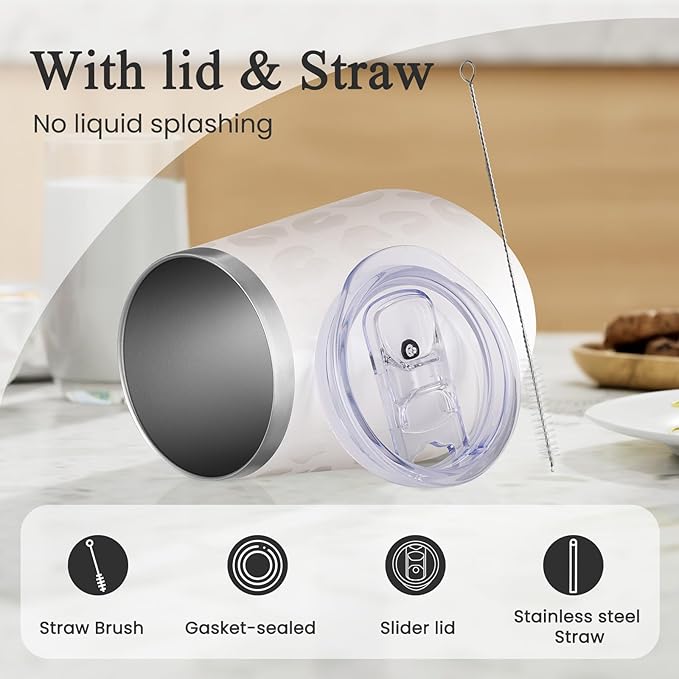 MEWAY 12oz Insulated Wine Tumbler Bulk, Double Wall Vacuum Stainless Steel Travel Tumbler with Straw,8 pack of wine tumbler glasses(Almond Leopard,Set of 8)