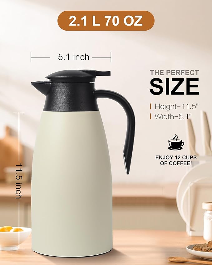 70 Oz Stainless Steel Coffee Carafe, Keeps Hot Beverages for 12 Hours, Double Walled Vacuum Insulated Carafe (White)