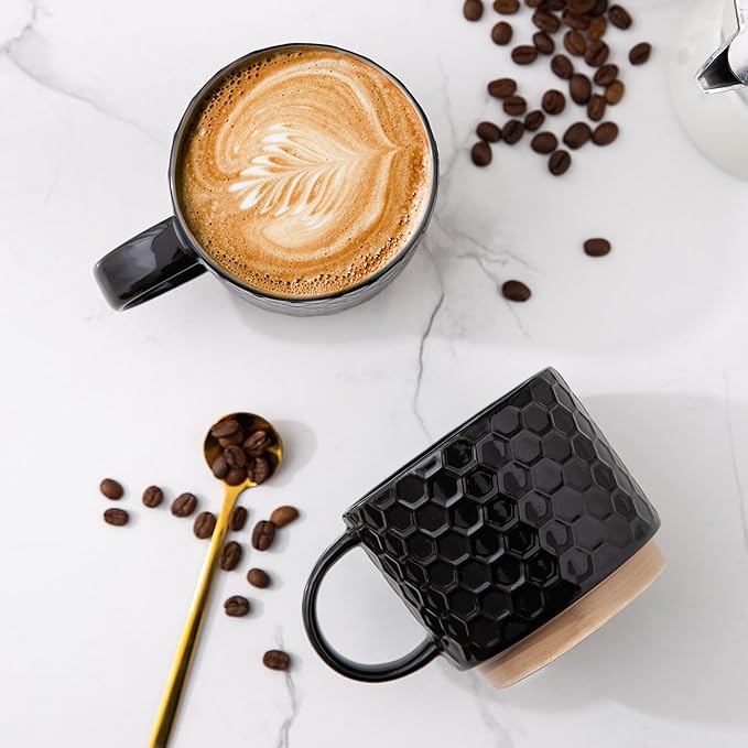 GBHOME 12OZ Stackable Coffee Mugs with Stand, Ceramic Coffee Mugs with Texture Patterns for Man,Woman,Dad,Mom, Modern Coffee Cups Set of 4 for Latte/Cappuccino/Cocoa. Dishwasher&Microwave Safe,Black