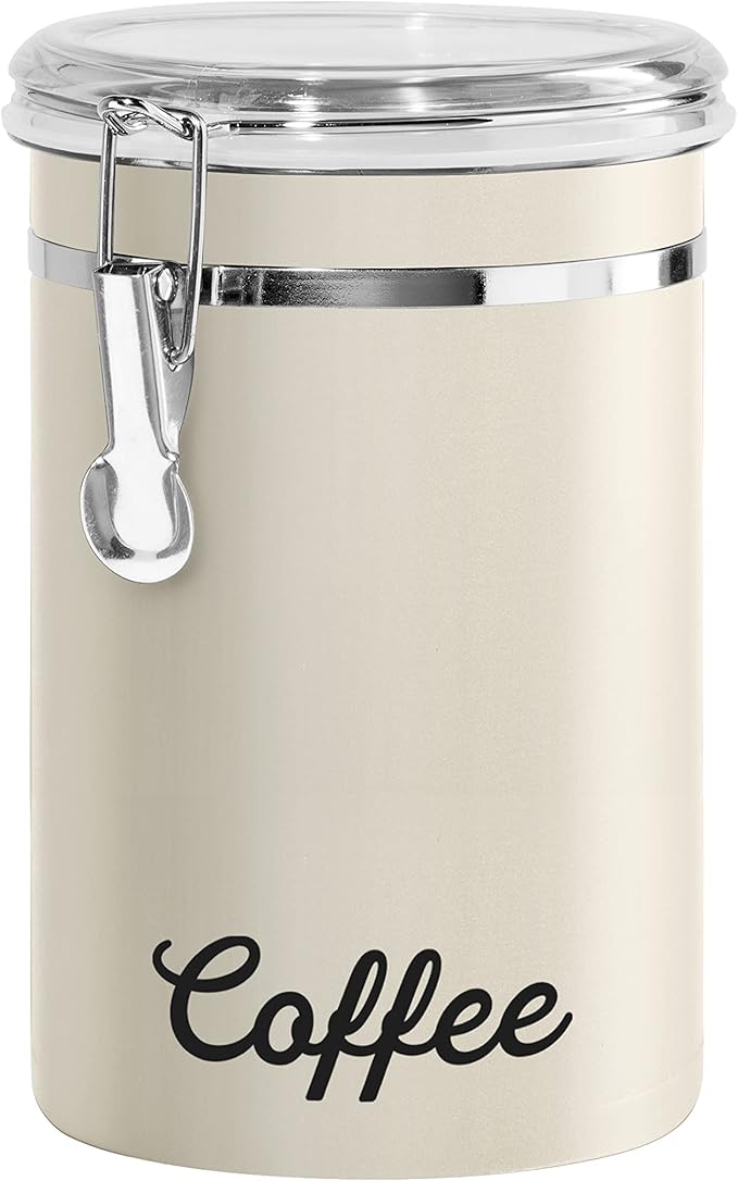 Oggi Stainless Steel Coffee Canister 62 fl oz - Airtight Clamp Lid, Warm Gray, Tinted See-Thru Top - Ideal for Coffee Bean Storage, Ground Coffee Storage, Kitchen Storage, Pantry Storage. 5 x 7.5