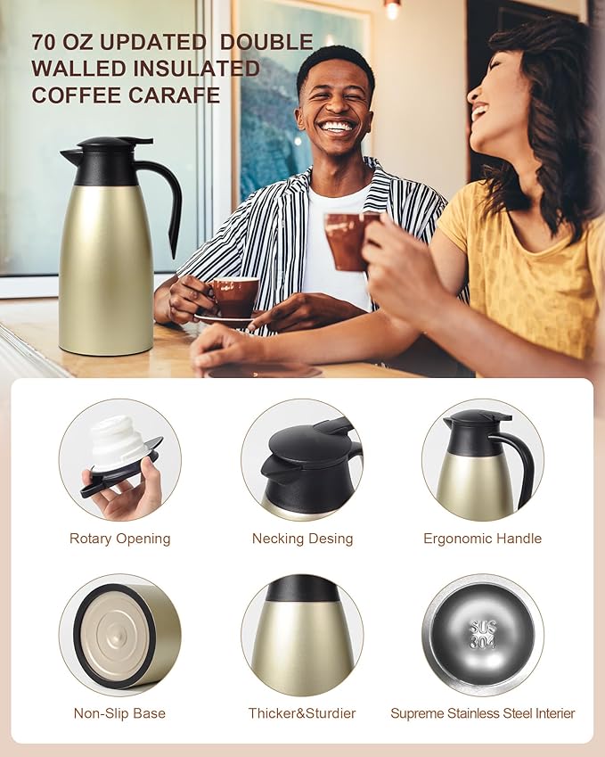 70 OZ Updated Thermal Coffee Carafe for keeping hot, 2 PCS Carafe for hot liquid, Insulated Stainless Steel Vacuum Thermal Pot for Coffee, Hot Water,Keep Hot 12 Hours (Gold+Gold)