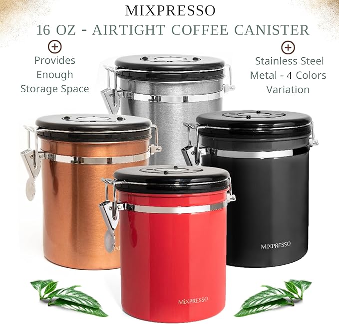 Mixpresso 16 Oz Red Coffee Canister, Stainless Steel Airtight Coffee Container, Air tight Jar Tea Storage with Date Tracker, Vacuum Sealed Espresso Airtight Canister, Sugar Container for Home