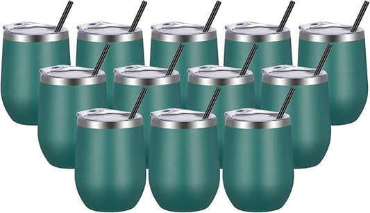 VEGOND Wine Tumblers Bulk 12 Pack, 12oz Stainless Steel Stemless Wine Glass with Lids and Straws, Double Wall Vacuum Insulated Tumbler Cup, Coffee Mug for Cold Hot Drinks