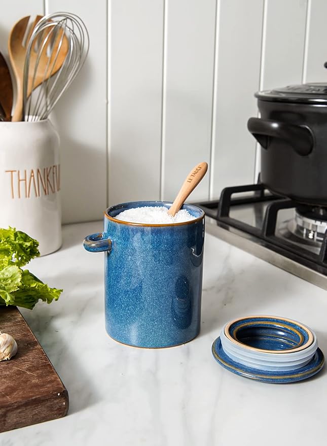 LE TAUCI Sugar Bowl with Lid and Spoon, Ceramic Salt Container, Small Sugar Jar for Kitchen, Coffee bar, Countertop - 12 oz, Set of 2, Ceylon Blue