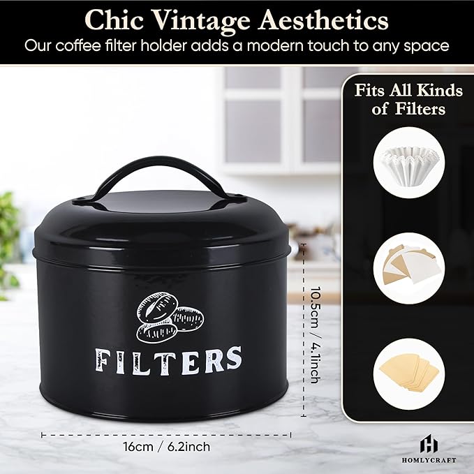 Coffee Filter Holder – Coffee Filter Holder for Counter with Braided Cotton Drink Coasters – Vintage Coffee Filter Container with Lid – Accessories for Coffee Bar, Home(Black)