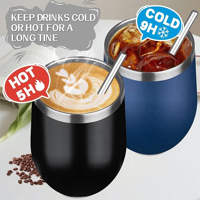 12oz/6 Pack Stainless Steel Wine Tumbler with Lid and Straw, Double Wall Vacuum Insulated Wine Tumbler Glasses, Stemless Travel Mugs for Hot and Cold Drinks, Coffee, Wine, Cocktails （Mix Color-2）