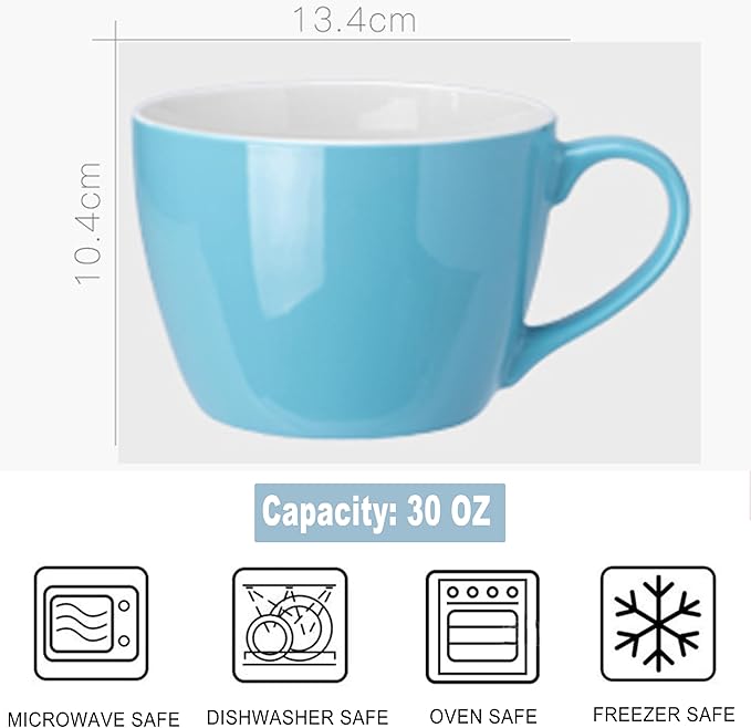 MECOWON 30 OZ Porcelain Coffee Mugs, Set of 2 Large Mugs for Soup, Cereal and Salad (skyblue)