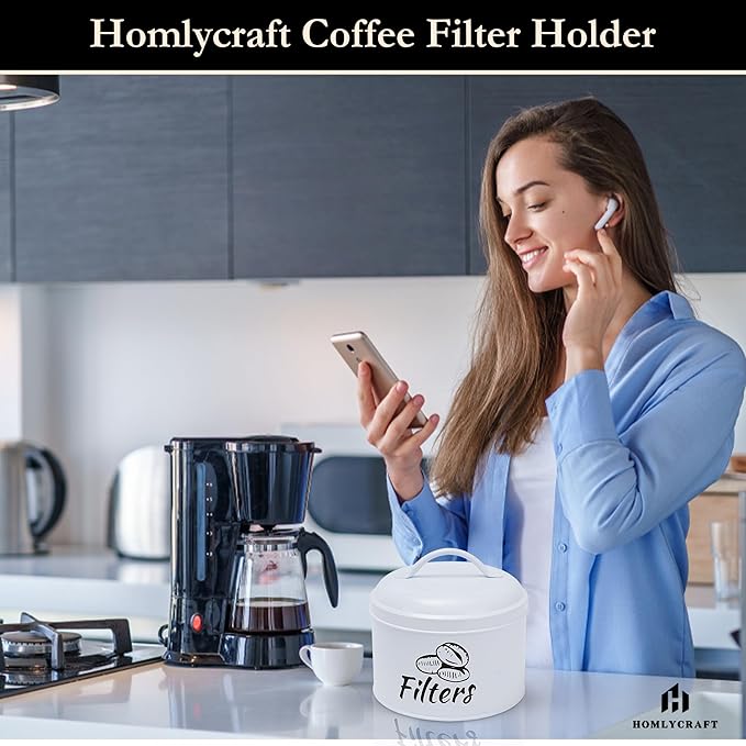 Coffee Filter Holder with Metal Lid – Coffee Filter Container for Countertop – Modern Organizer for Cone Filters – Coffe Bar Accessory for Kitchen Decor (white)