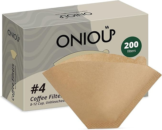 Coffee Filters #4, ONIOU Number 4 Cone Coffee Paper Filters 8-12 Cup Unbleached, 200 Count Natural Coffee Filters 4 Cone Paper for Ninja Cuisinart Coffee Makers