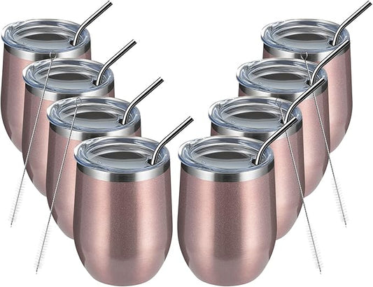 MEWAY 12oz/8 Pack Wine Tumbler Glasses with Lid - Stemless Double Wall Vacuum Stainless Steel Glitter Tumbler - Keeping Cold & Hot Cup for Coffee,Gift for Women(Rainbow Rose Gold,Set of 8)