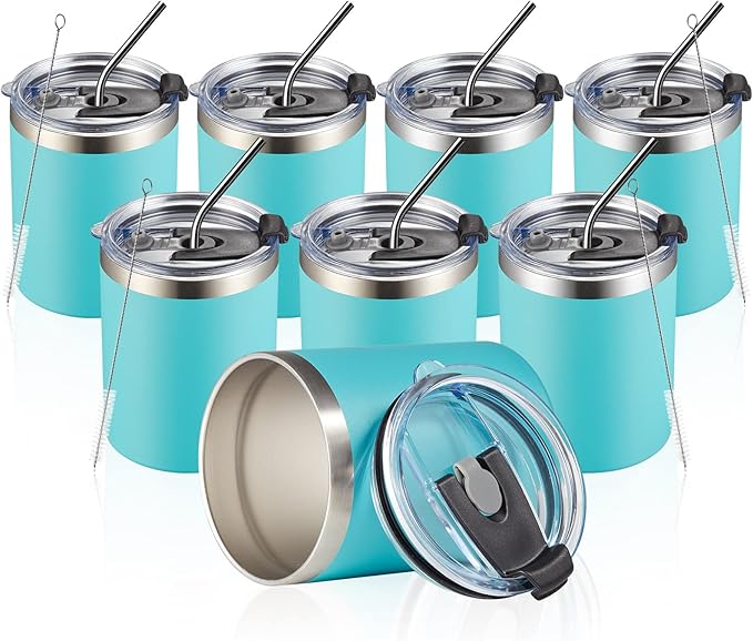 MEWAY 12oz/8Pack Insulated Stainless Steel Reusable Mug, Double Wall Durable Coffee Cup, Powder Coat, For Coffee, Beer, Home, Office (Light Green, 8 Pack)