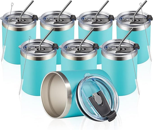 MEWAY 12oz/8Pack Insulated Stainless Steel Reusable Mug, Double Wall Durable Coffee Cup, Powder Coat, For Coffee, Beer, Home, Office (Light Green, 8 Pack)