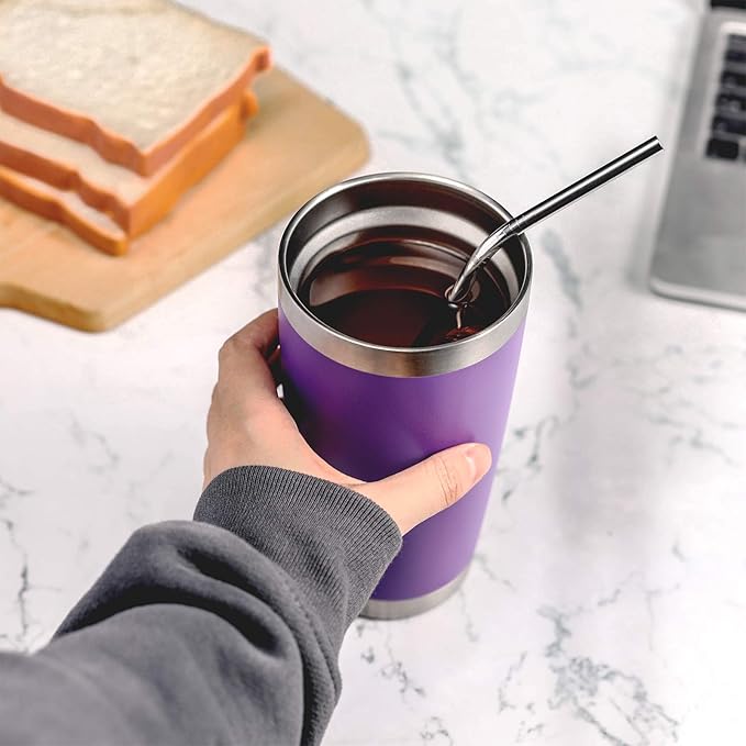 COMOOO 20oz 8 Pack Tumbler Double Wall Vacuum Insulated Coffee Travel Mug Stainless Steel Tumbler Bulk with Lid and Straw Durable Powder Coated Insulated Coffee Cup for Cold & Hot Drinks Purple 8 Pack