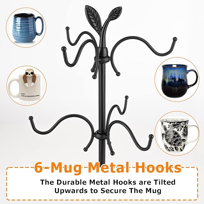 Coffee Mug Holder for Large Mugs, Mug Tree for Counter, Cup Holder for Countertop, Mug Rack with Tray, Metal Mug Tree with 6 Hooks, Coffee Counter Bar Accessory & Kitchen Home Organizer
