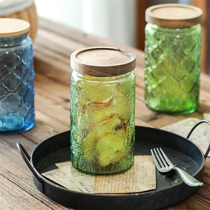 ANSQU Set of 4 Vintage Glass Mason Jars with Lids – 34 FL OZ Sunflower Design – Airtight Storage for Coffee, Tea, Cookies, Candy, Nuts – Kitchen & Pantry Organization (Blue & Green)