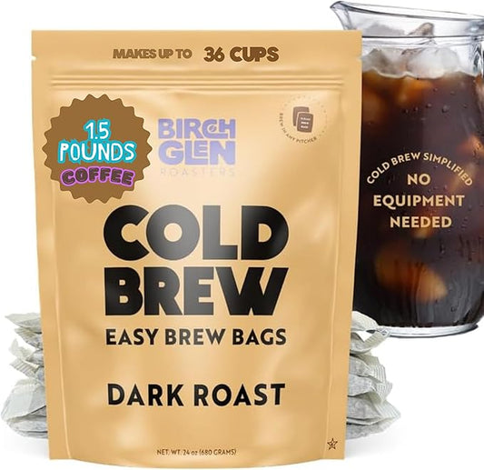 Birch Glen Roasters Cold Brew Coffee Bags - 12 Pack of Coarse Ground Coffee Filter Pitcher Packs for Easy Brewing - 100% Arabica - Yields 6 Pitchers - Dark Roast