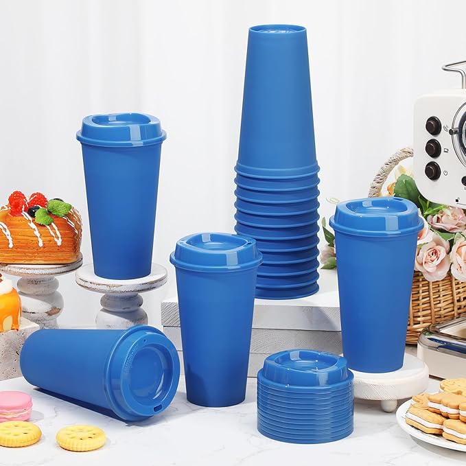 Domensi 15 Pack Reusable Coffee Cups with Lids 16 oz Disposable Travel Cups Bulk Plastic to Go Coffee Tumblers for DIY Hot Cold Drink Party Favors Coworker, Microwaveable (Navy Blue)