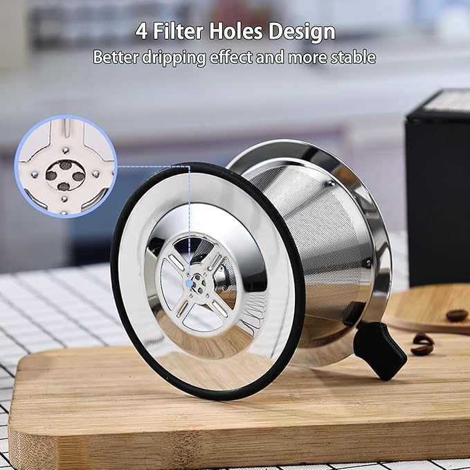 Small Size Pour Over Coffee Dripper, Stainless Steel Metal Cone Drip Coffee Filter, Paperless and Permanently Reusable, Double Mesh Coffee,TeaFilter for 1-2 Cups