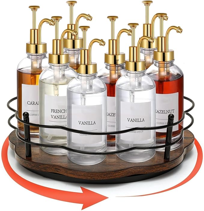 Rotating Coffee Syrup Rack Organizer 9 Bottles, Syrup Dispenser Holder for Coffee Bar Countertop Accessories, Turntable Tabletop Wine Display (Bottles Not Included)