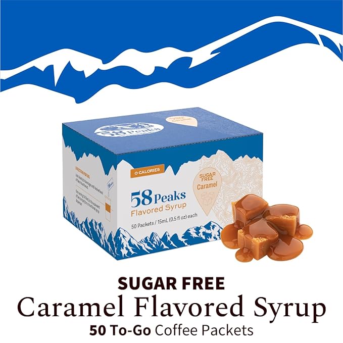 58Peaks Sugar-Free Caramel Syrup Sweetener Packets for Hot and Cold Drinks | To-Go Syrup Flavoring Perfect for Coffee, Tea, Milkshakes and More | Flavored Coffee Syrups for Travel | 15mL | 50-Pack