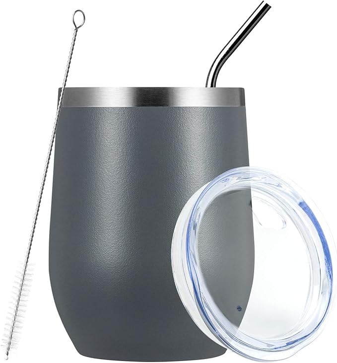 MEWAY Stemless 12oz Wine Tumbler Glasses with Lid -Insulated Double Wall Vacuum Stainless Steel Travel Tumbler with Straw,for Woman Under 10 dollars (Gray,Set of 1)