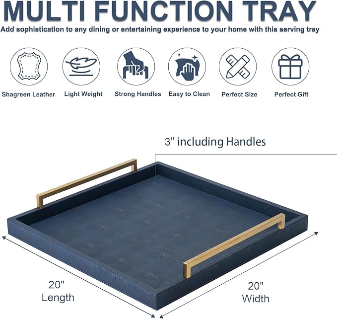 Large Navy Blue Decorative Tray for Ottoman,Stylish Rectangle Coffee Table Tray with Handles,Versatile Serving Tray for Living Room and Home Decor