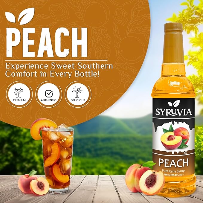 Syruvia Peach Syrup, Flavored Syrup for Drinks, Cocktails, Lemonades, Iced Teas, and Desserts – 25.4 fl oz, With Pump
