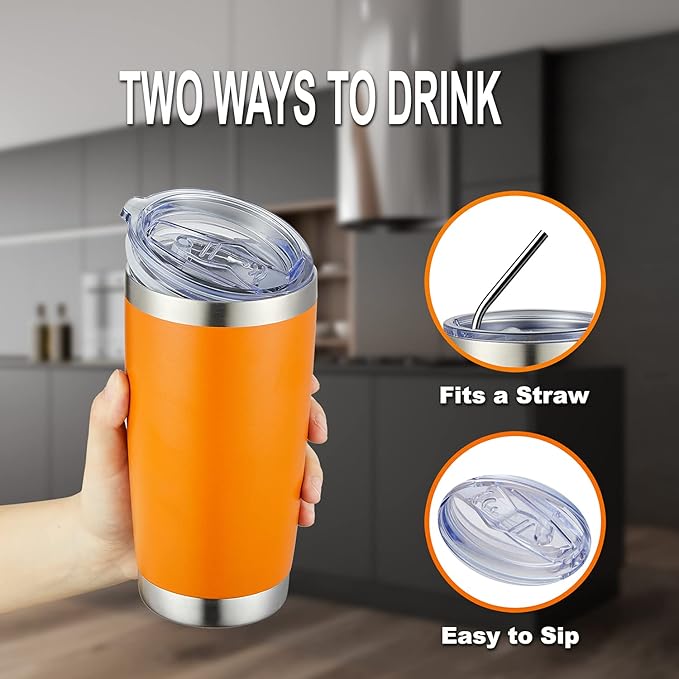 COMOOO 20oz Tumbler Bulk Double Wall Vacuum Insulated Travel Mug, Stainless Steel Tumbler with Lid and Straw Durable Powder Coated Insulated Coffee Cup for Cold & Hot Drinks (Orange, 4 pack