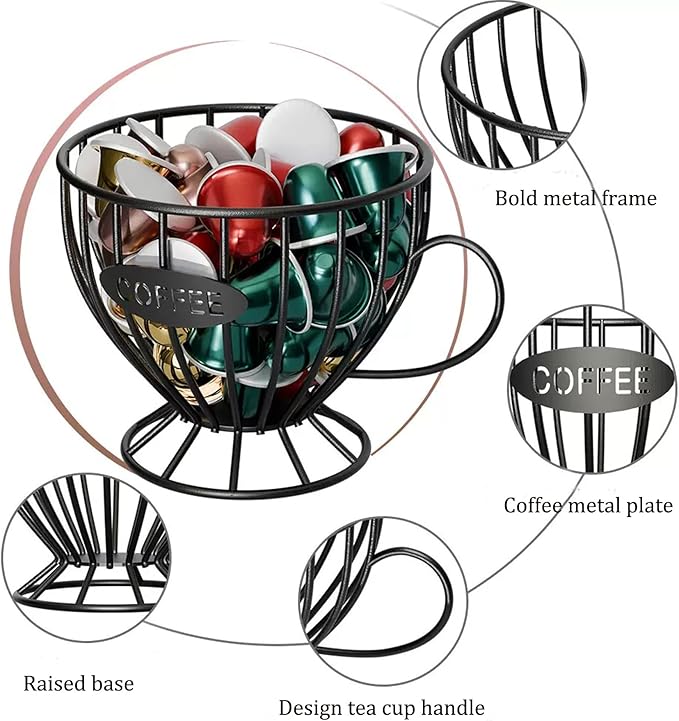 Coffee Pod Holder,Large K Cup & Capsule Storage Organizer, Tea Cup Coffee Capsule Basket, Metal Coffee Bar Organizer for Kcup Kitchen Dinning Room Office Home Cafe Hotel (Black)