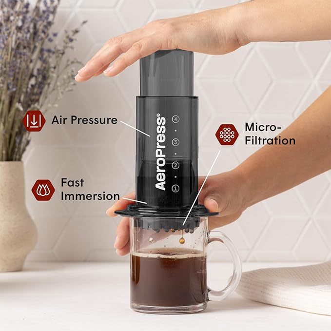 AeroPress Clear Black Coffee Press - All-in-One French Press, Pour-Over & Espresso Style Manual Brewer, 2 Min Brew for Less Bitterness, More Flavor, Small Portable Coffee Maker, Travel & Camping
