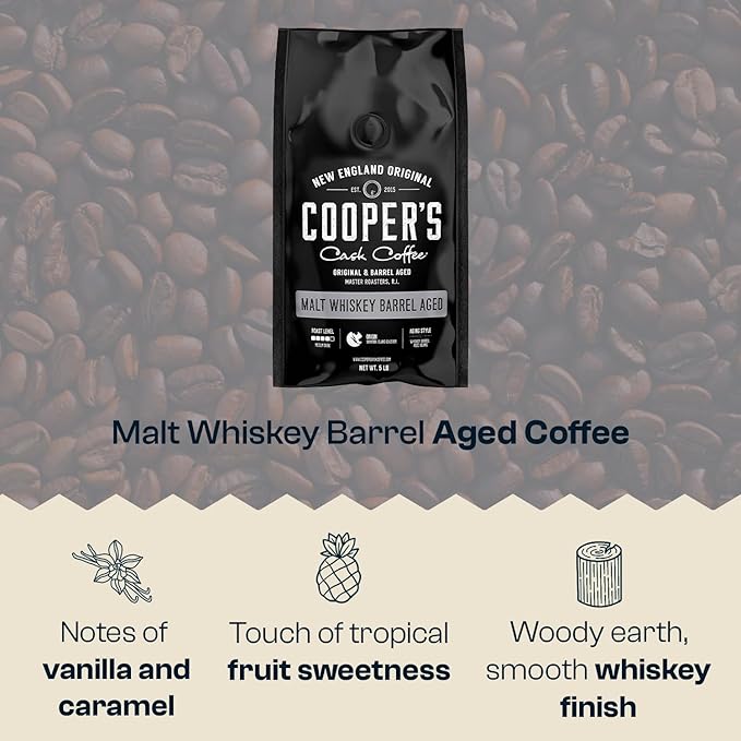 Single-Malt Whiskey Barrel Aged Coffee - Medium Dark Roast - Single Origin Sumatra Coffee Beans Aged in Stout Whiskey Barrels - 5lb Bags, Whole Bean