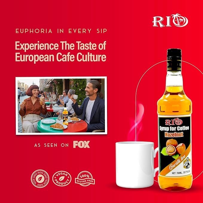 RIO Hazelnut Flavoring Coffee Syrup for Hot or Iced Drinks and Desserts, Warm and Inviting Coffee Syrup Flavor Sweetened with Pure Cane Sugar, Barista - Grade Flavor Syrups For Drinks at Home & Work - 700ml