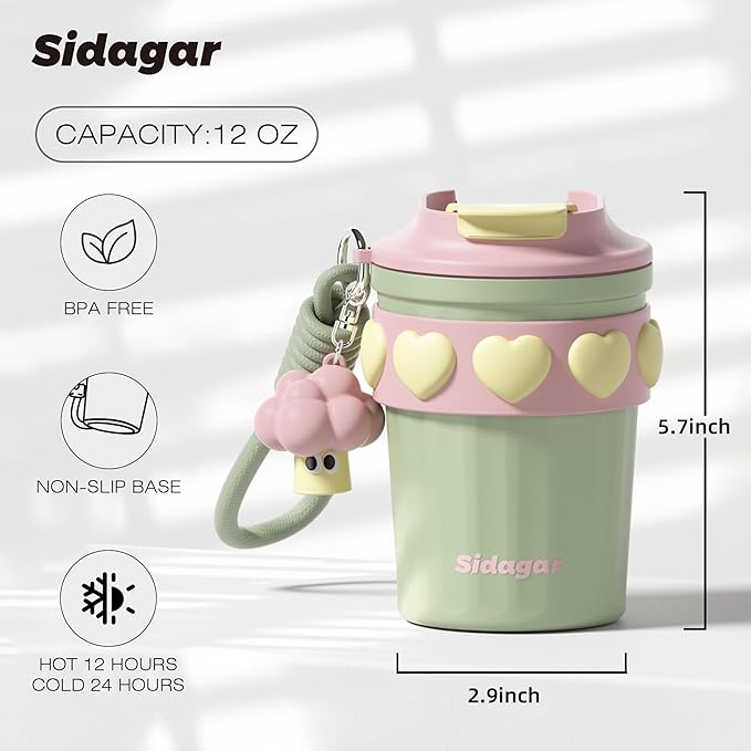 12 oz Travel Coffee Mug Spill Proof Leak Proof, Stainless Steel Thermal Coffee Cup with Lid, Resuable Cup for Hot and Cold, Portable Tumbler for Women, Green