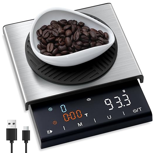Coffee Scale with Timer, 0.1g High Precision Espresso Scale, Pour Over Coffee Weight Scale Rechargeable Coffee Scale for Espresso with Color LED Display, Touch Sensor, Silicone Cover