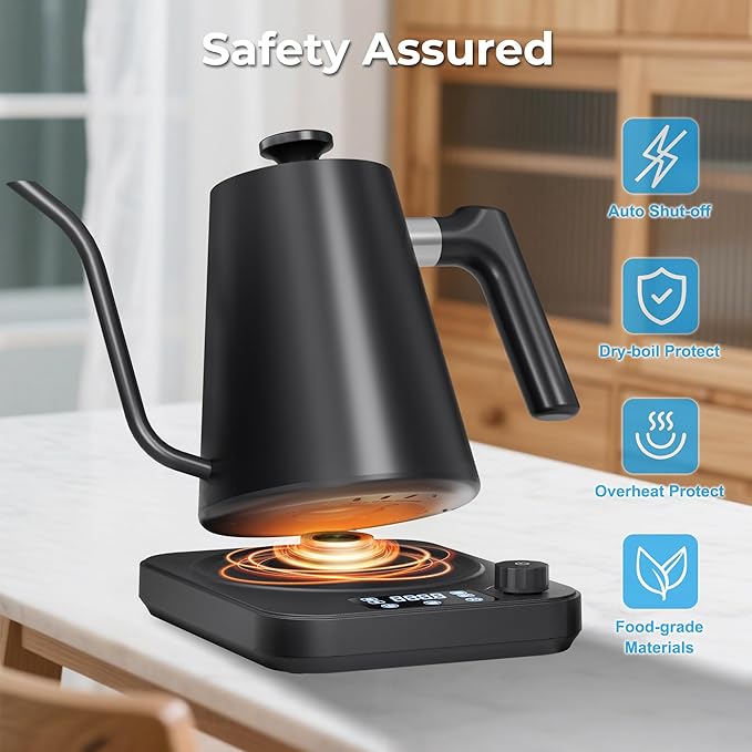 Gooseneck Electric Kettle, ±1°F Precision Control, Smart Altitude Adjustment, 24H Keep Warm, 30-Min Auto Memory, Food Grade Stainless Steel, Pour Over Kettle for Coffee and Tea, 1200W/1.0L