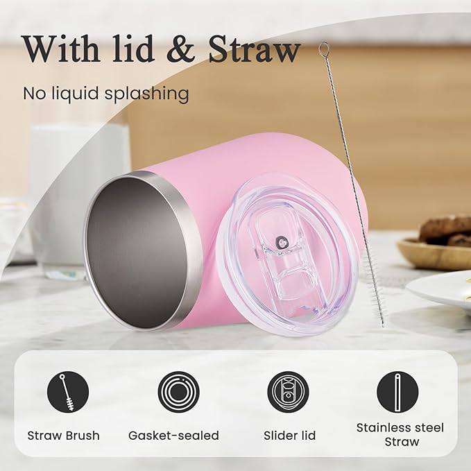 MEWAY 12oz Insulated Wine Tumbler with Lid and Straw - Double Wall Vacuum Stainless Steel Wine glass, Ideal for Travel and Office, Baby shower prizes for winners(Pink,Set of 4)