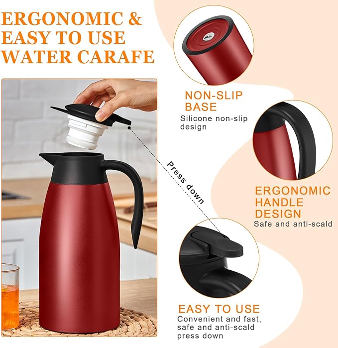 Norme 2 Pcs Thermal Coffee Carafe Insulated Stainless Steel Coffee Carafe for Hot Liquid Vacuum Thermal Pot Creamer Pitcher Dispenser with Brushes Keeping Hot Water Milk(Wine Red)