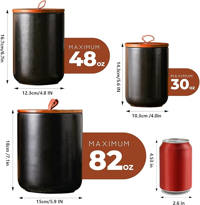 JOJUNO Black Ceramic Food Storage Canister Set (30 oz, 48 oz, 82 oz) with Bamboo Lids, 3-Piece Airtight Jars for Flour, Sugar, Coffee, Tea, Oats, Spice – Kitchen Storage Containers with Lids