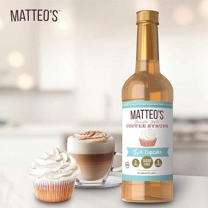 Matteo's Cupcake Syrup for Coffee, Lattes, Cappuccinos & Desserts – Sugar-Free Sweetener for Beverages, Keto Friendly, Zero Calories, Indulgent Flavor, Non-Alcoholic, Ideal for Hot Drinks 33.8oz (1pk)