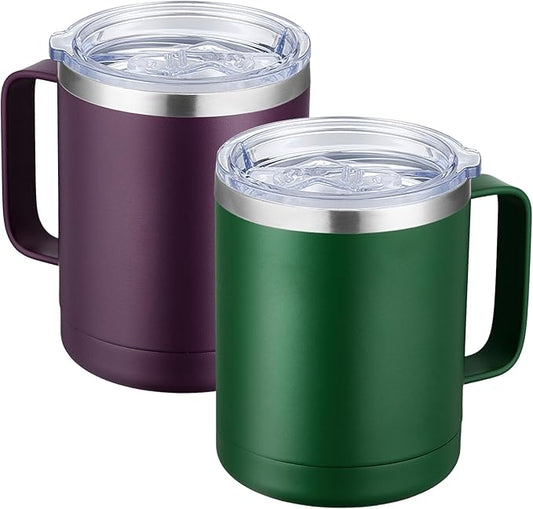 MEWAY 12oz Coffee Mug With Handle 2 Pack Bulk,Stainless Steel Insulated Travel Tumblers With Sliding Lid,Double Wall Vacuum Camping Cup for Hot & Cold Drinks Tea (Forest Green&Plum,Set of 2)