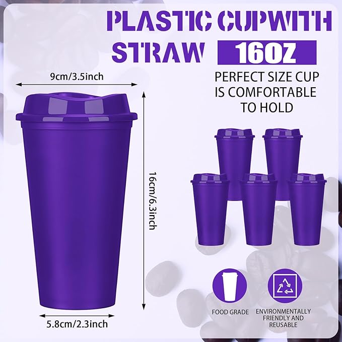 Domensi 15 Pack Reusable Coffee Cups with Lids 16 oz Disposable Travel Cups Bulk Plastic to Go Coffee Tumblers for DIY Hot Cold Drink Party Favors Coworker, Microwaveable (Purple)