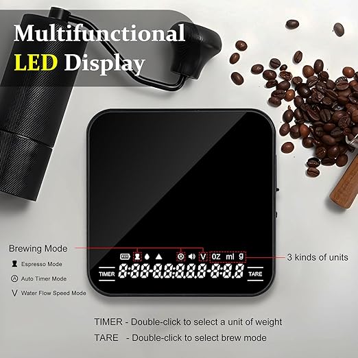 Digital Coffee Scale with Timer/Tare, 2kg/0.1g Precision Espresso Scale, Food Scale Rechargeable, Multiple Modes: Pour-Over/Espresso/Water Flow Speed, LED Display Kitchen Scale with g/oz/ml