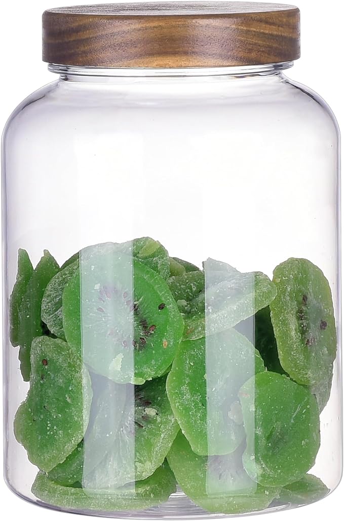 64 Fluid Ounces Unbreakable & Dishwasher Safe Plastic Apothecary Jar with Wooden Airtight Screw Top Lid, 0.5 Gallon Food Storage Canister for Sugar, Coffee, Cookie, Cereal, Flour Containers