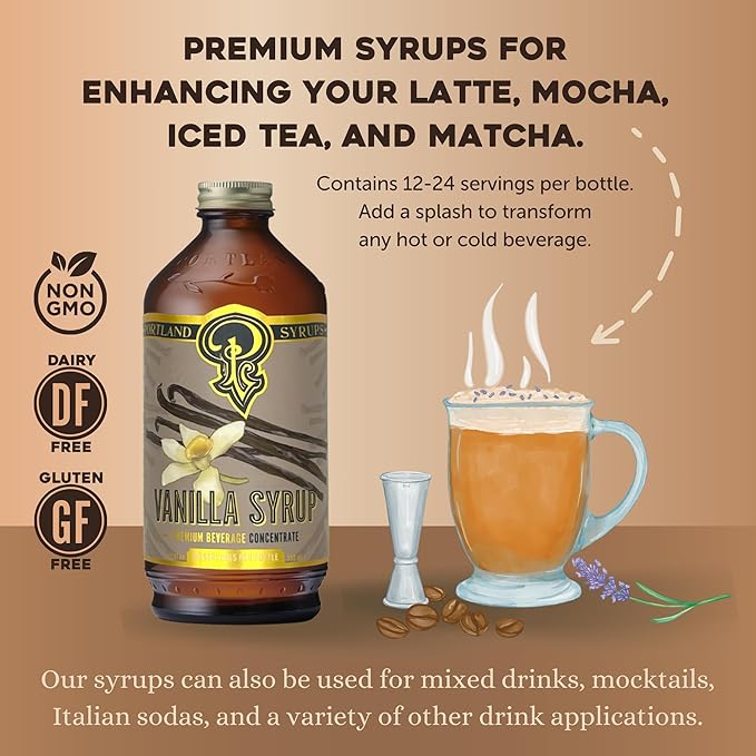 Portland Syrups Vanilla Syrup – Flavoring for Coffee, Lattes, Cold Brew, Macchiatos, Cocktails, & Desserts – Ideal for Drinks & Adding a Vanilla Touch to Any Beverage – 12 oz, 24 servings (Pack of 1)