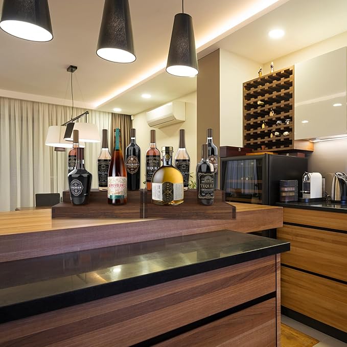 tongmo 2 pack Liquor Bottle Stand - 2 Tier Liquor Bar Bottle Display Shelf, Holds 16Bottles, Real Wood, Easy to Clean, No Installation Required - 15.8 Inch each (Dark Walnut)